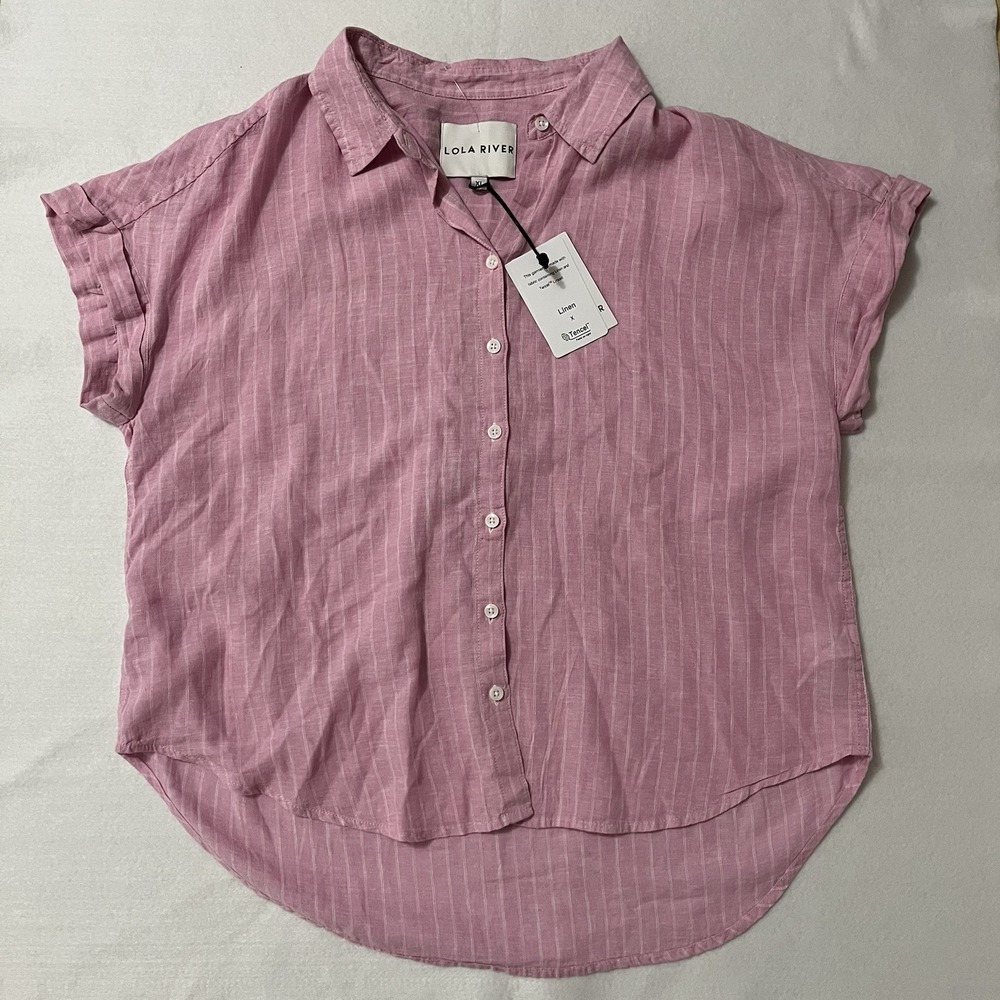 Lola River Striped Linen Blend Button Down Blouse Sz XL NWT Coastal Boxy Comfort